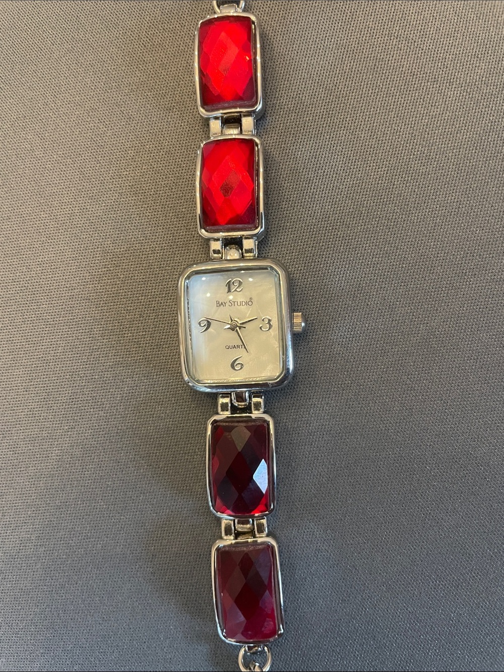 Vintage Bay Studio Silver-Tone Bracelet Watch with Red Faceted Stones